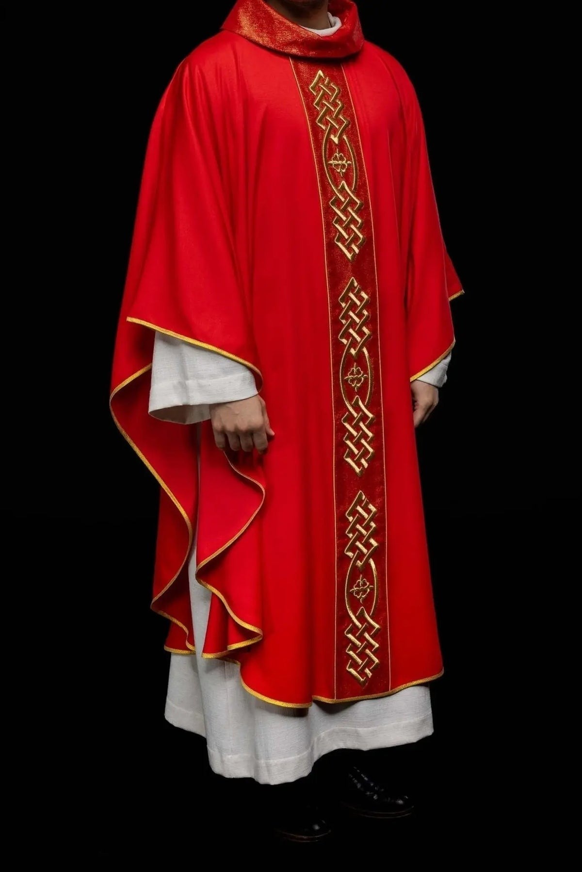 Red Chasuble with Embroidered Gold-Colored Cross — full view