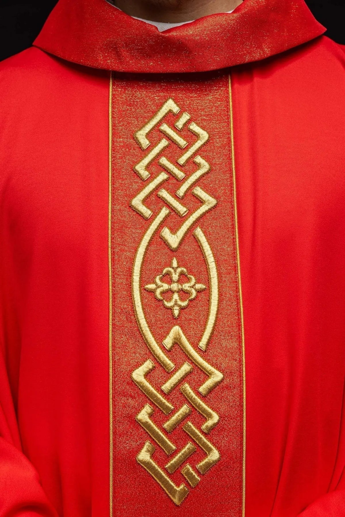 Red Chasuble with Embroidered Gold-Colored Cross — embroidery close-up