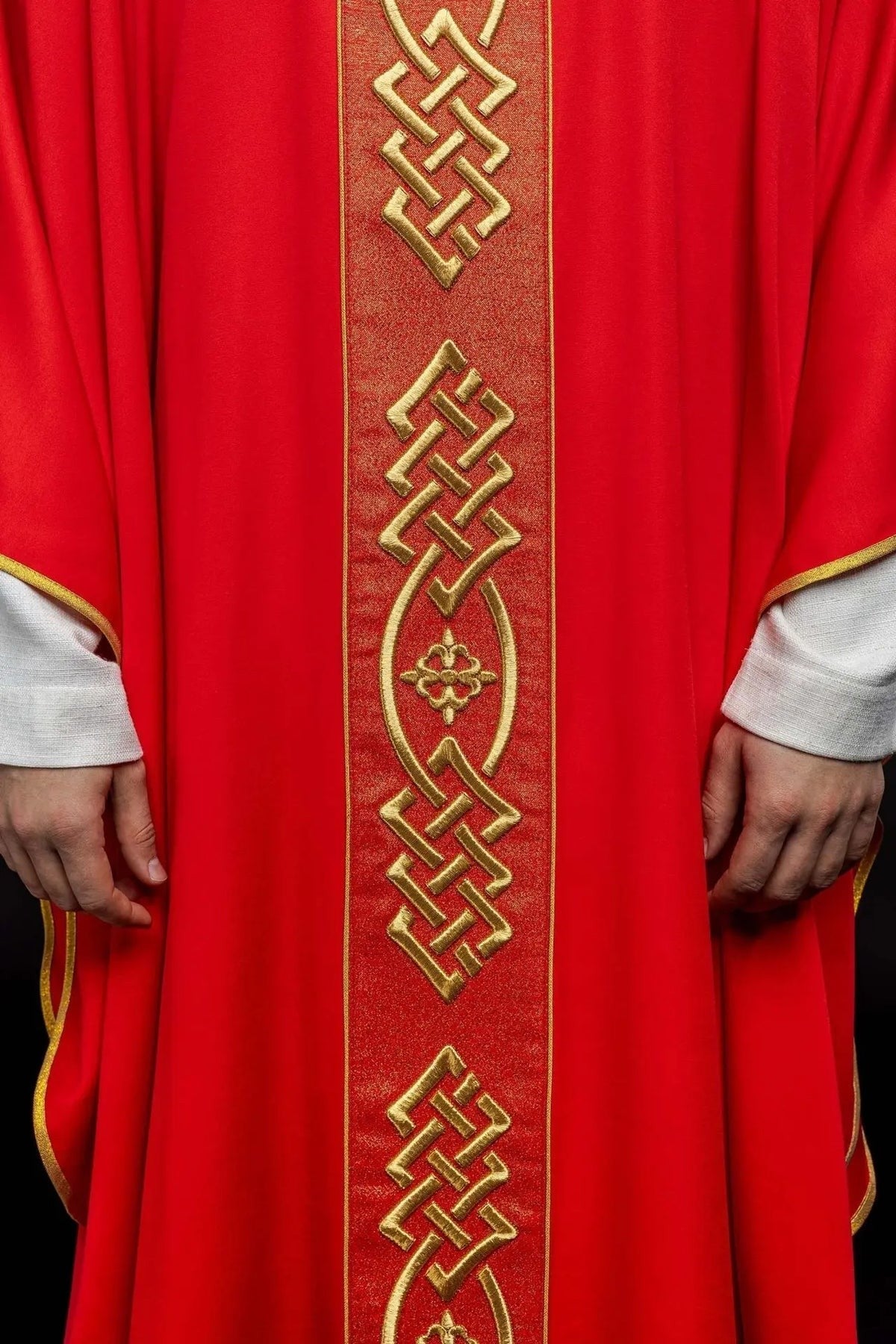 Red Chasuble with Embroidered Gold-Colored Cross — decoration detail