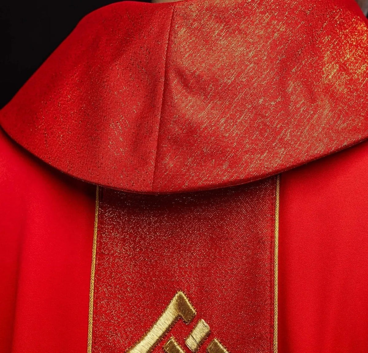 Red Chasuble with Embroidered Gold-Colored Cross — front view