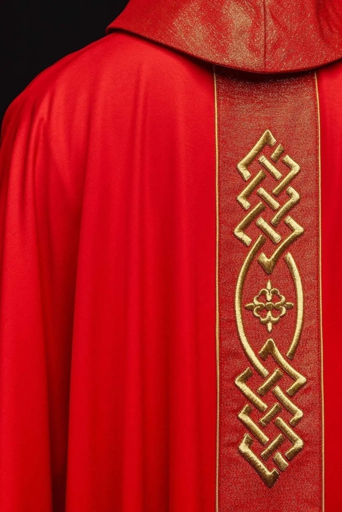 Red Chasuble with Embroidered Gold-Colored Cross — back view