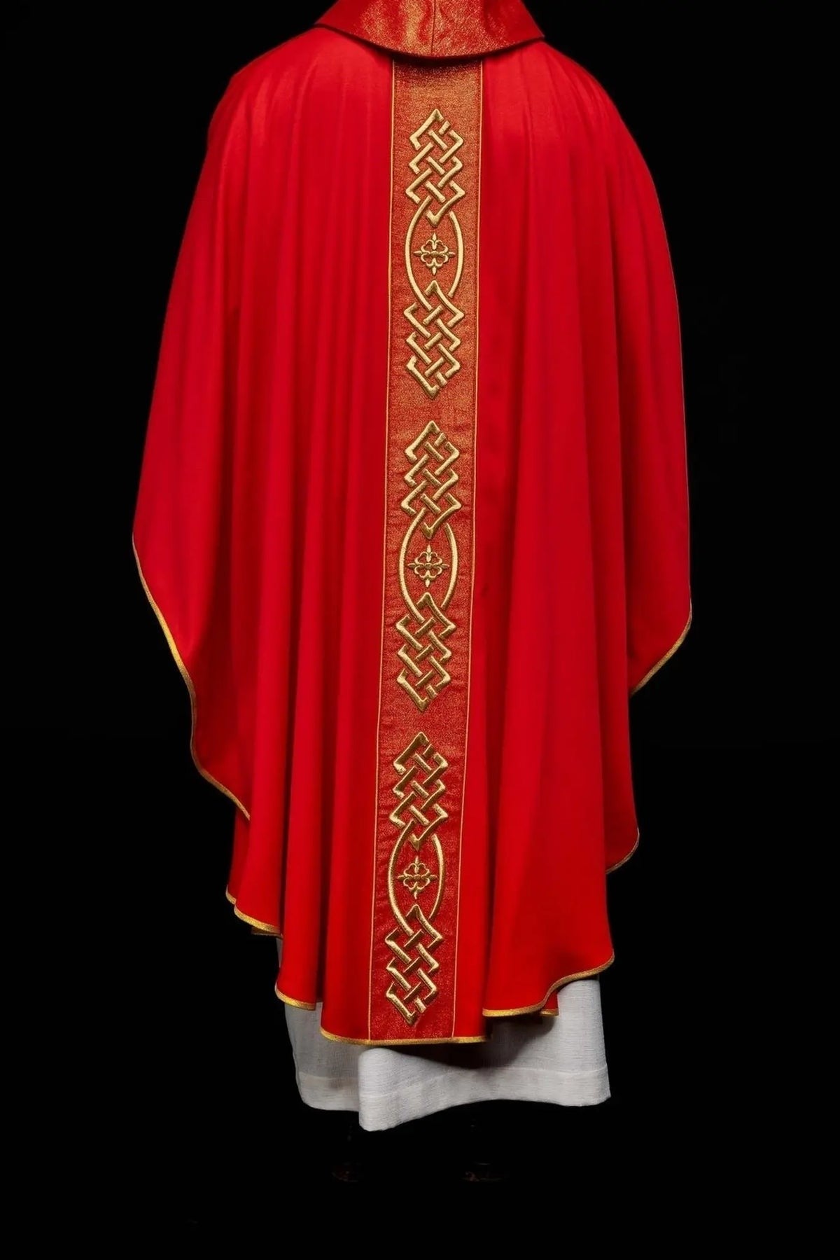 Red Chasuble with Embroidered Gold-Colored Cross — fabric detail