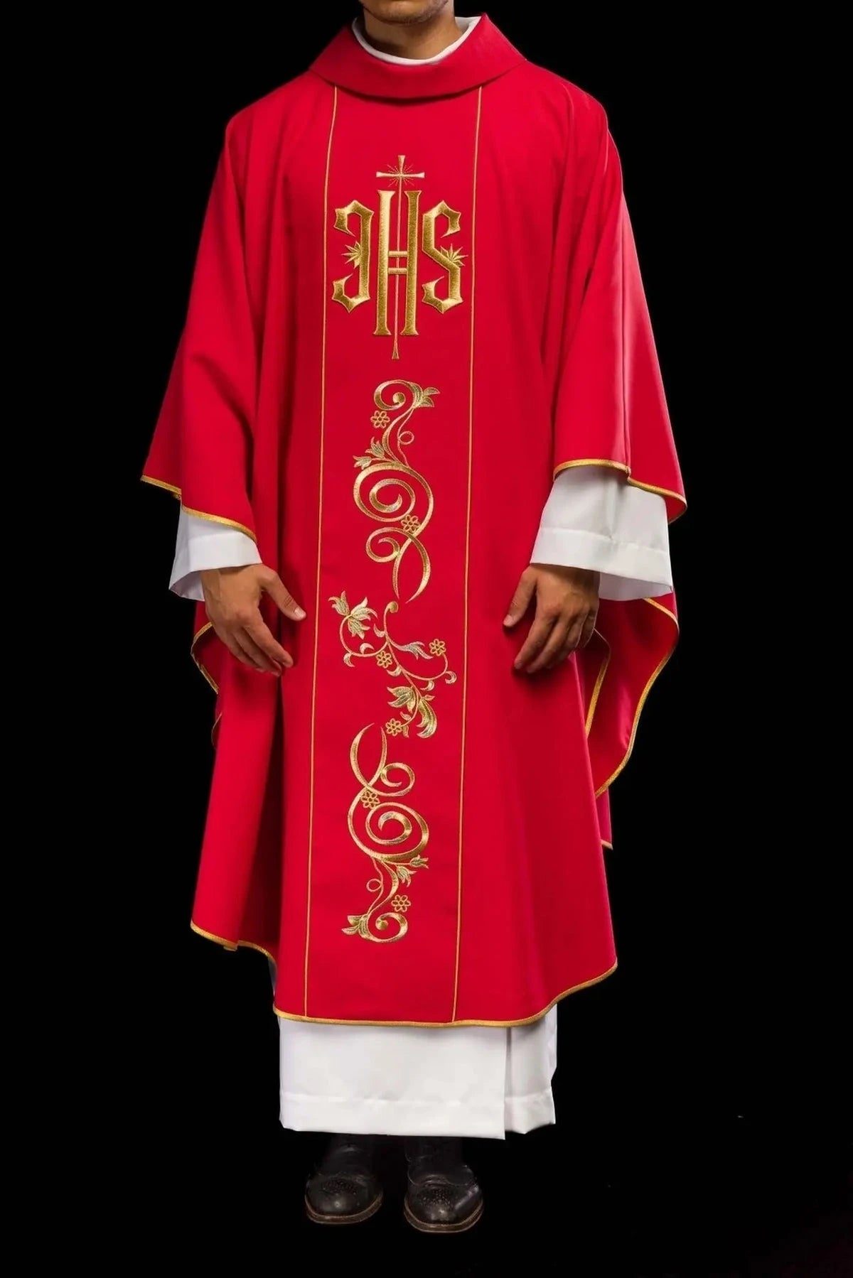 Red Chasuble with Embroidered IHS — full view
