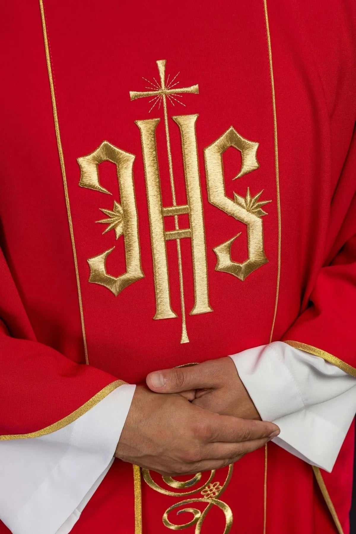 Red Chasuble with Embroidered IHS — embroidery close-up
