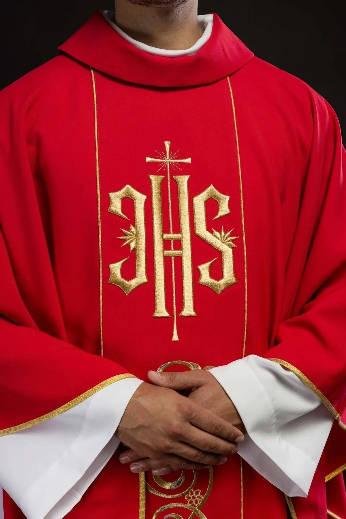 Red Chasuble with Embroidered IHS — symbol detail