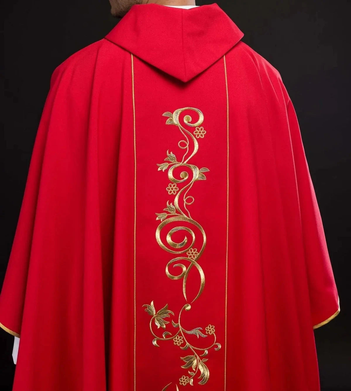 Red Chasuble with Embroidered IHS — front view