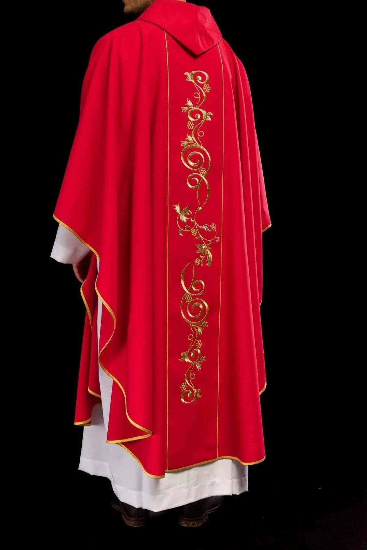 Red Chasuble with Embroidered IHS — fabric detail