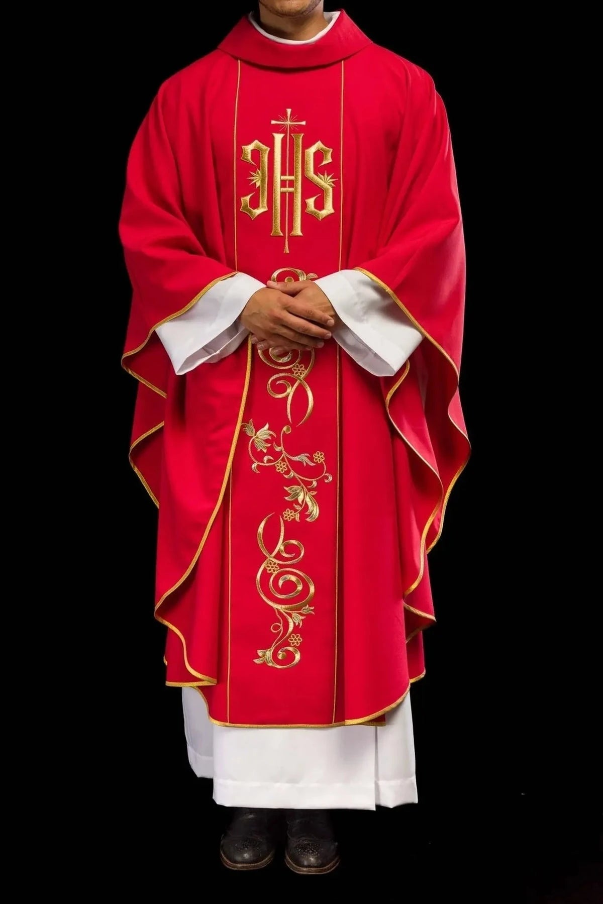 Red Chasuble with Embroidered IHS — fit on celebrant