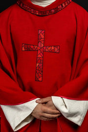 Red Chasuble with Embroidered Mosaic Cross — product view