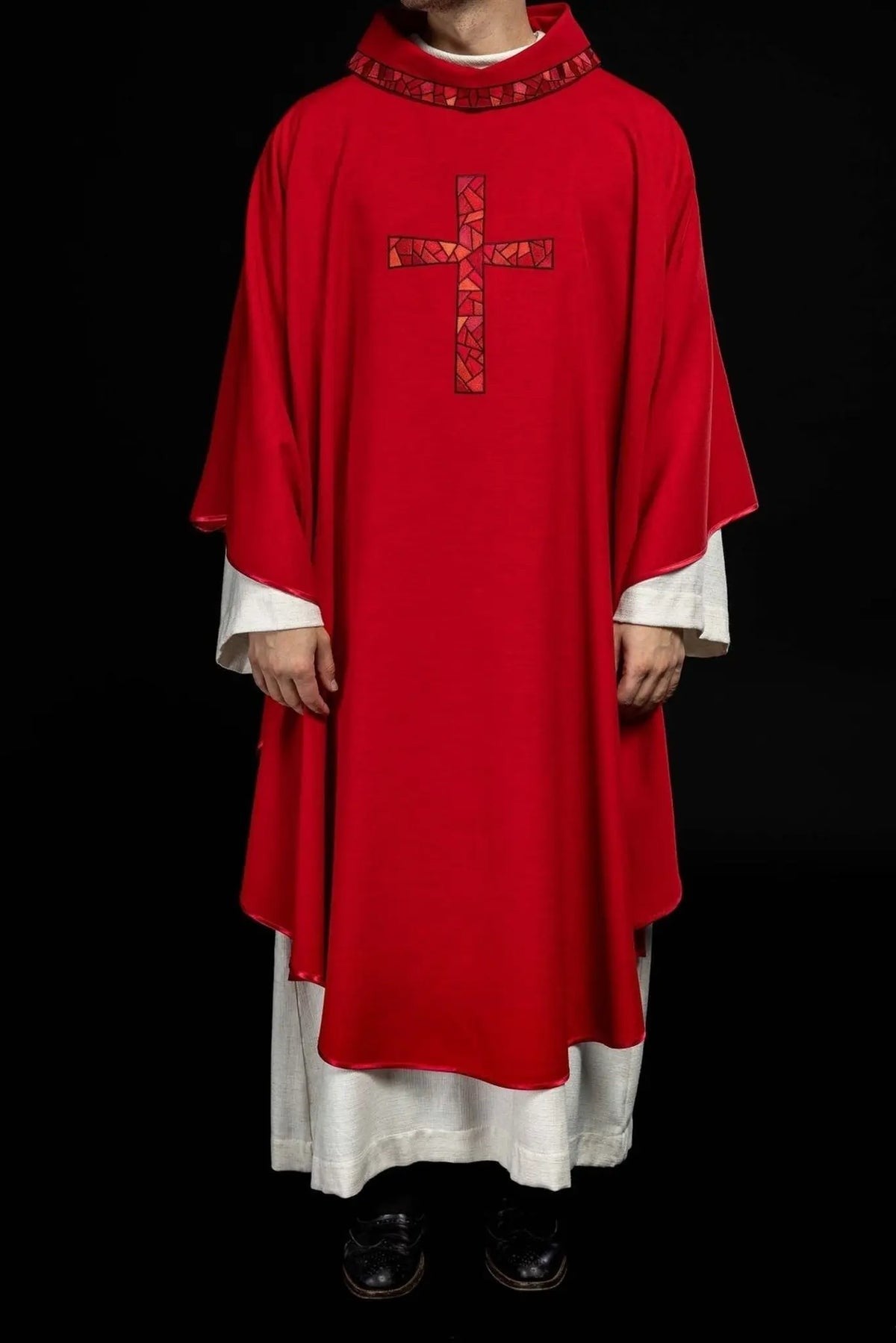 Red Chasuble with Embroidered Mosaic Cross — full view