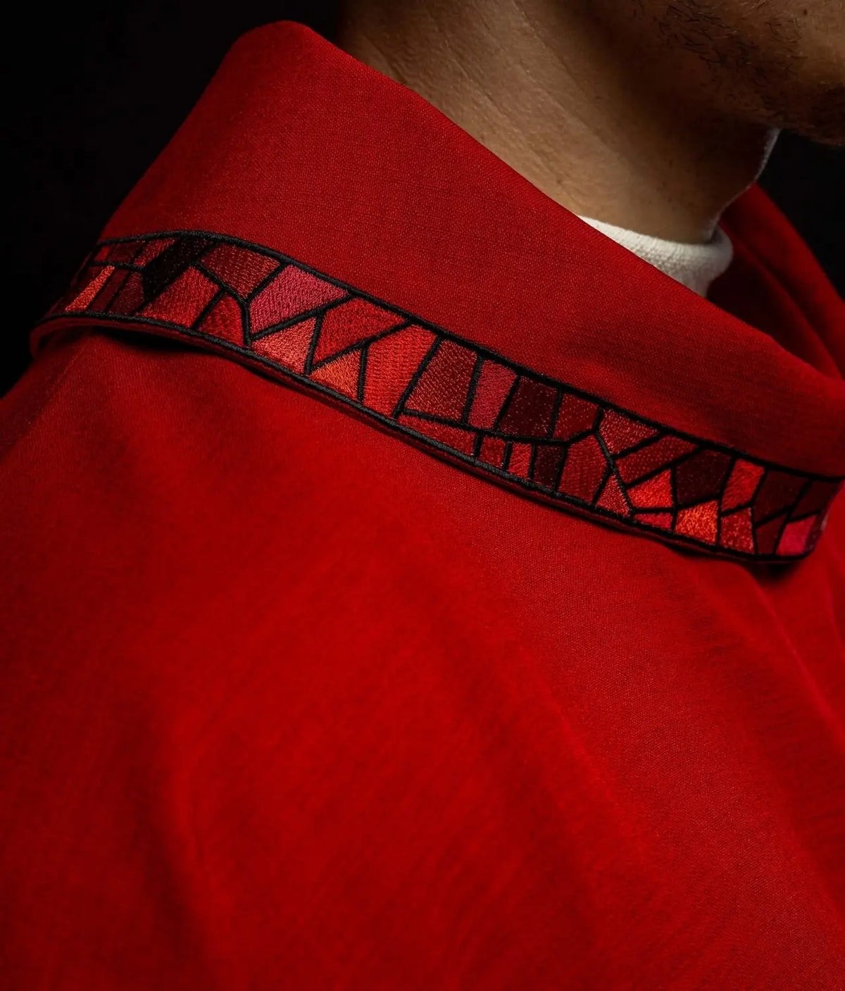 Red Chasuble with Embroidered Mosaic Cross — embroidery close-up