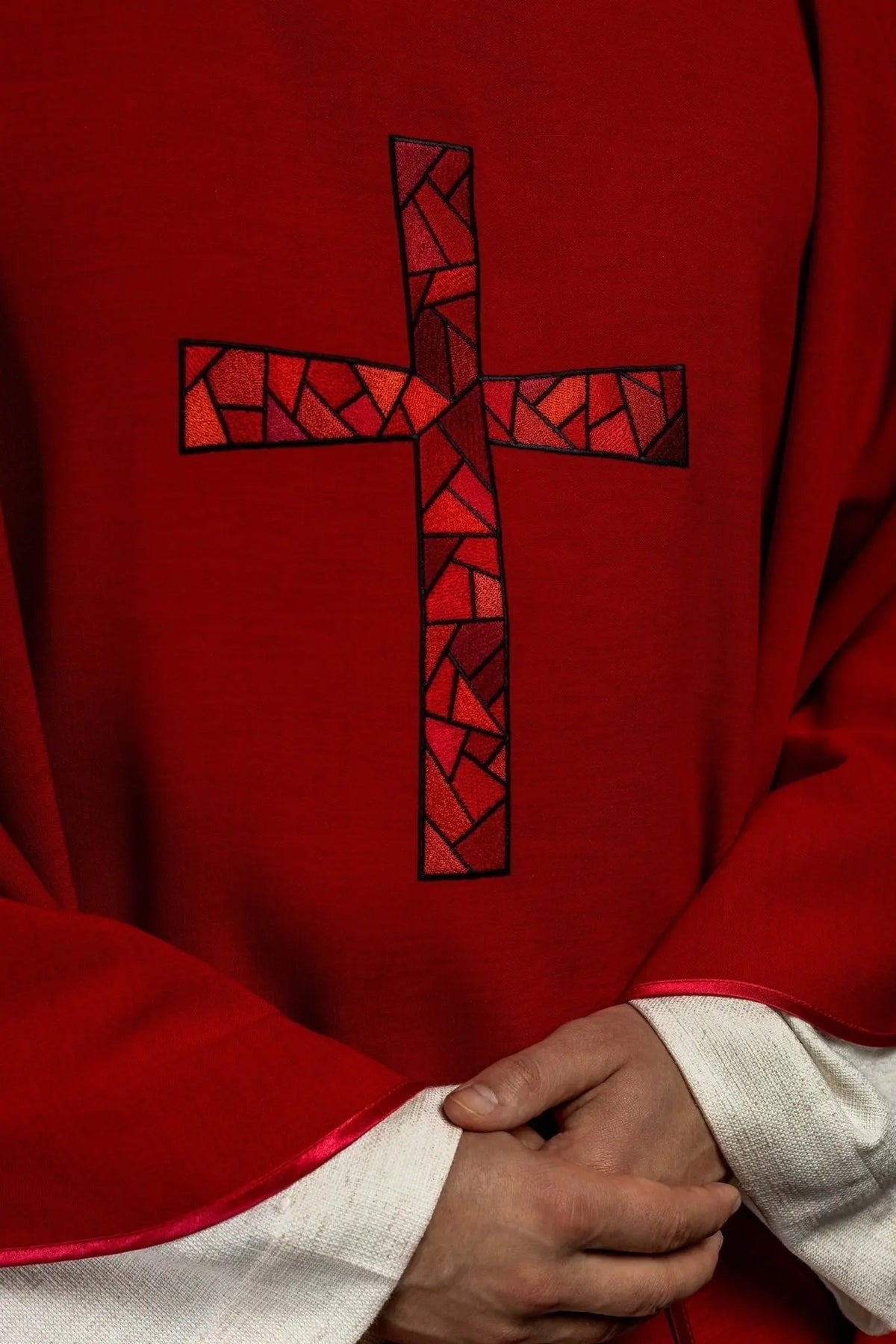 Red Chasuble with Embroidered Mosaic Cross — symbol detail
