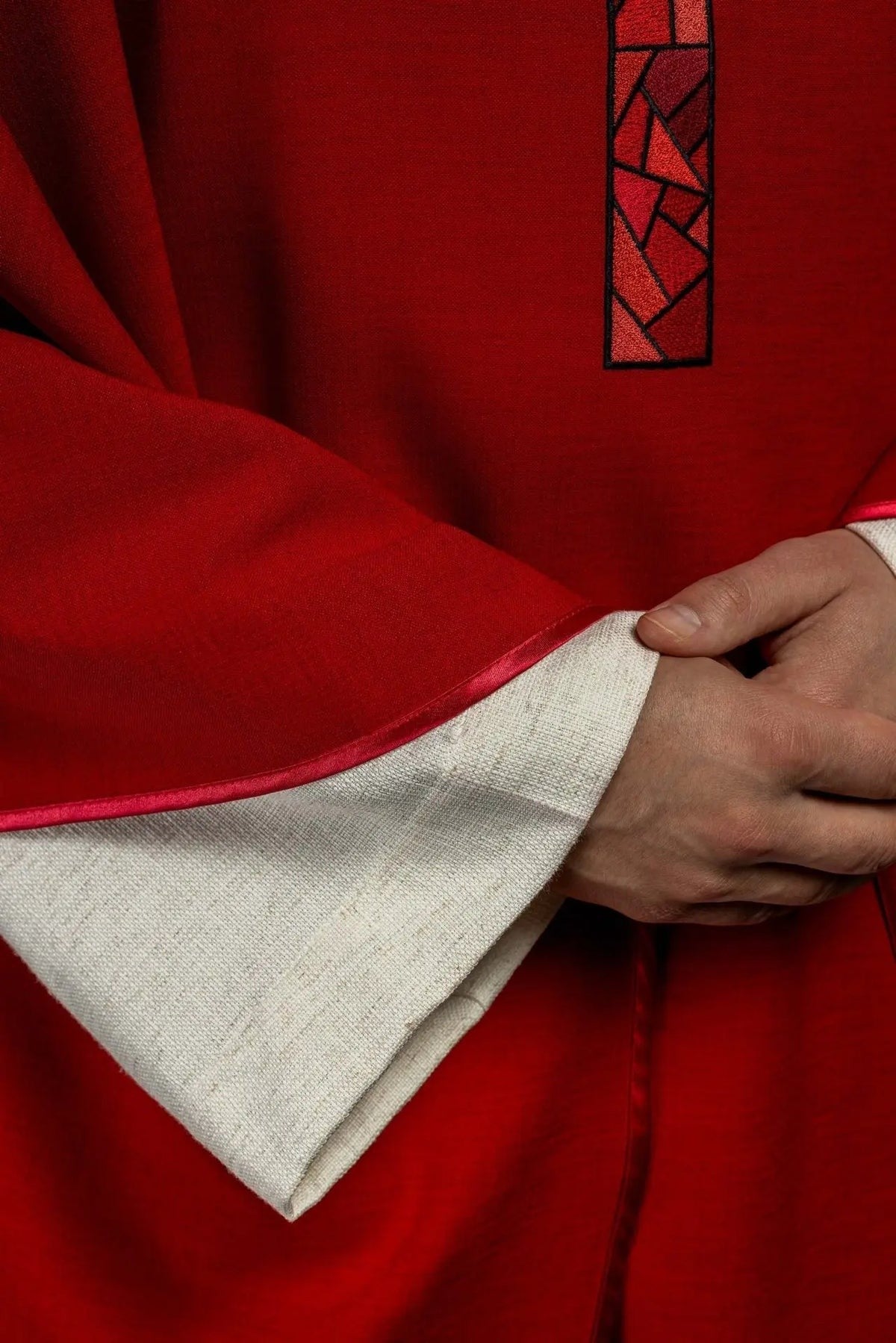Red Chasuble with Embroidered Mosaic Cross — collar finish