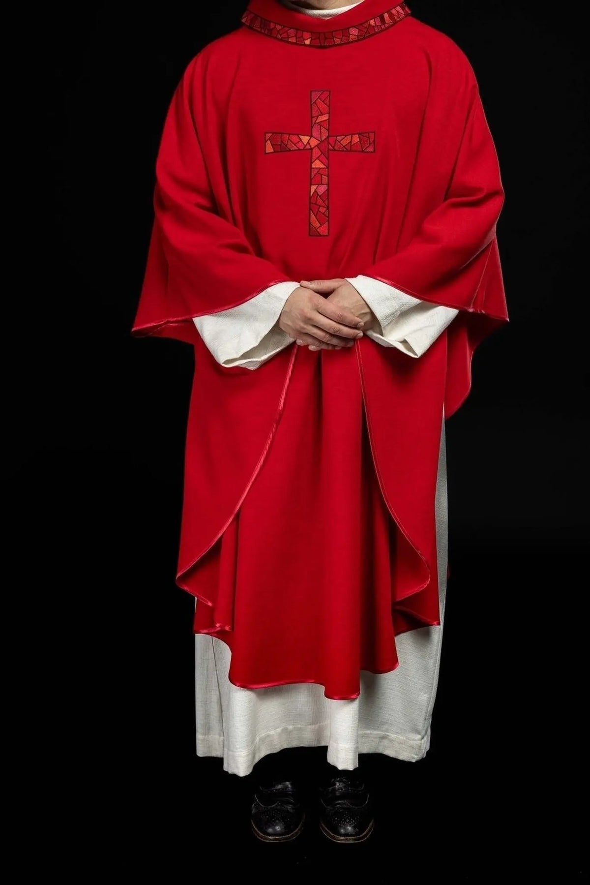 Red Chasuble with Embroidered Mosaic Cross — fabric detail