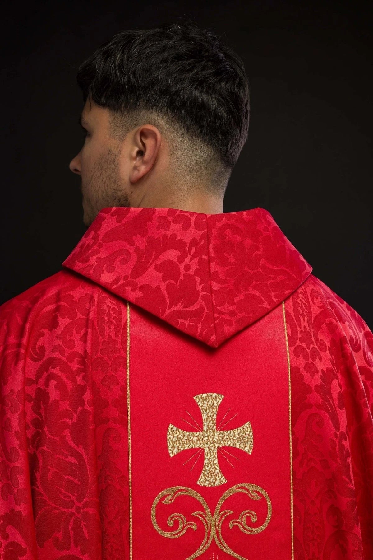 Red Chasuble with Embroidered Panel — full view