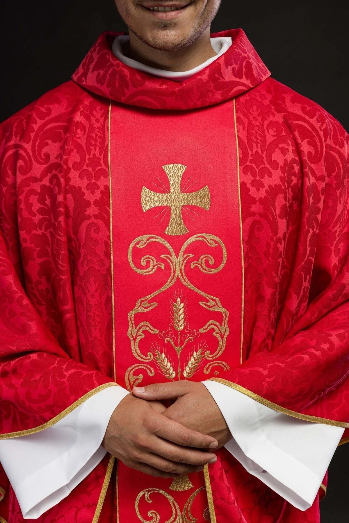 Red Chasuble with Embroidered Panel — embroidery close-up