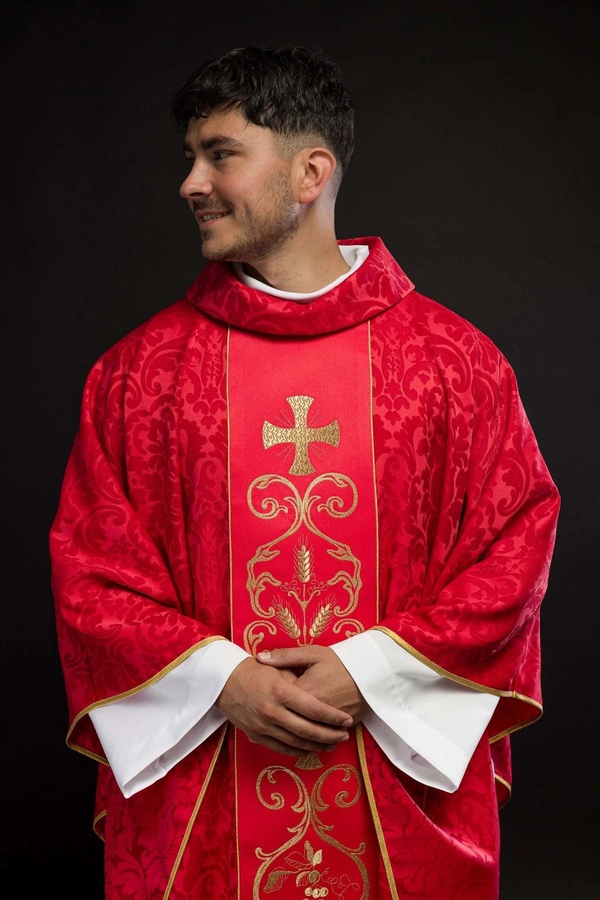 Red Chasuble with Embroidered Panel — front view