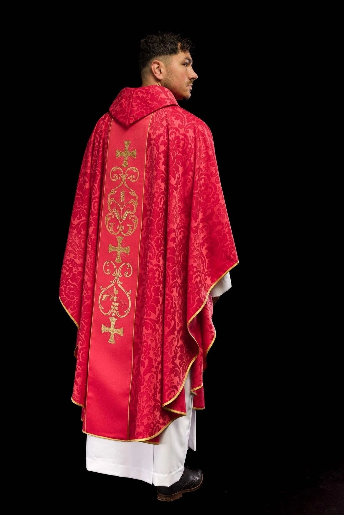 Red Chasuble with Embroidered Panel — fabric detail