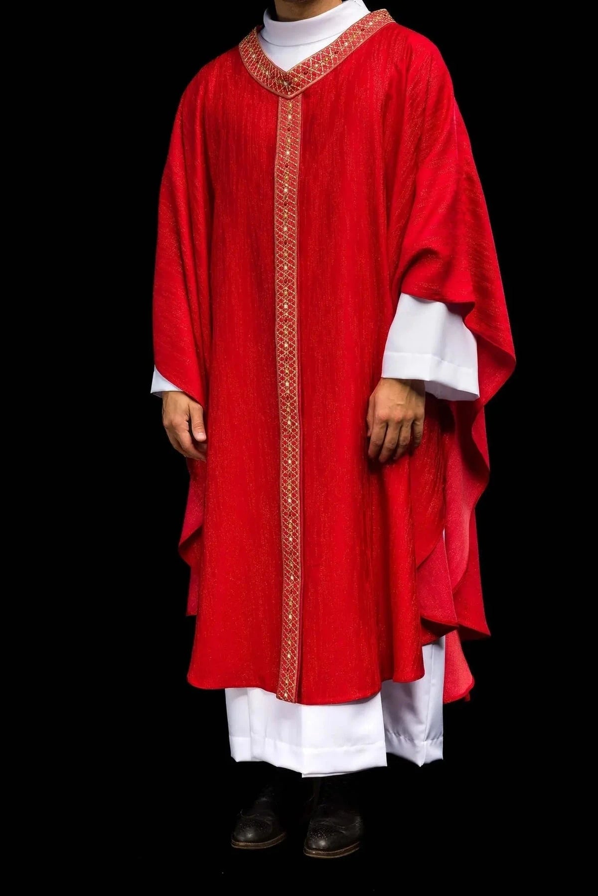 Red Chasuble with Embroidered Panel and Collar — full view