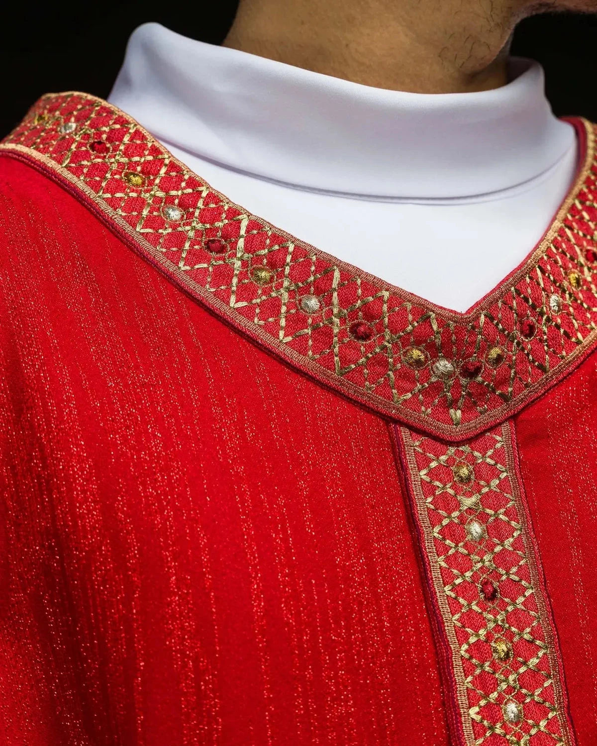 Red Chasuble with Embroidered Panel and Collar — collar finish