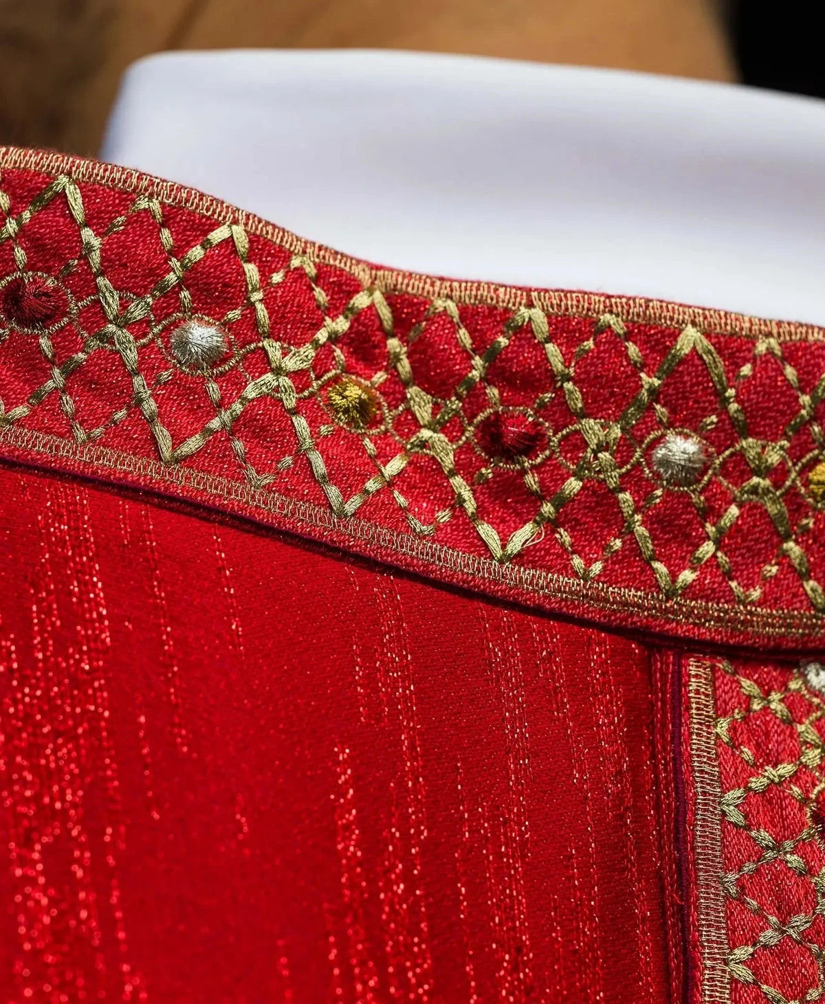 Red Chasuble with Embroidered Panel and Collar — front view