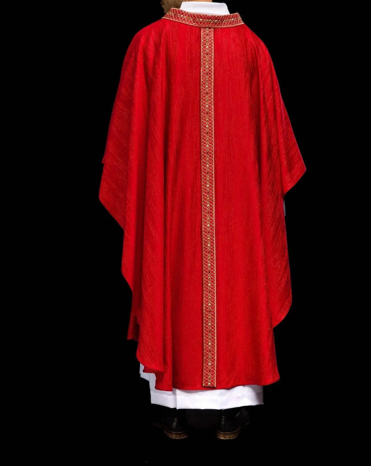 Red Chasuble with Embroidered Panel and Collar — fabric detail