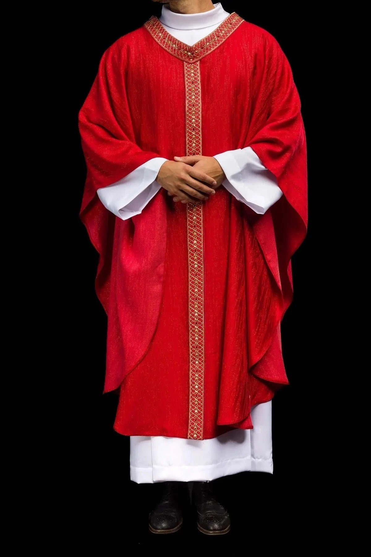 Red Chasuble with Embroidered Panel and Collar — fit on celebrant