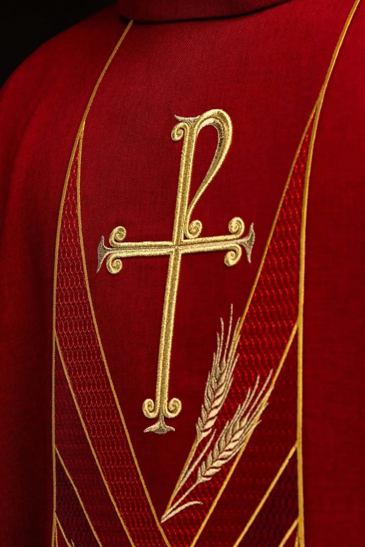Red Chasuble with Embroidered PAX Band — embroidery close-up