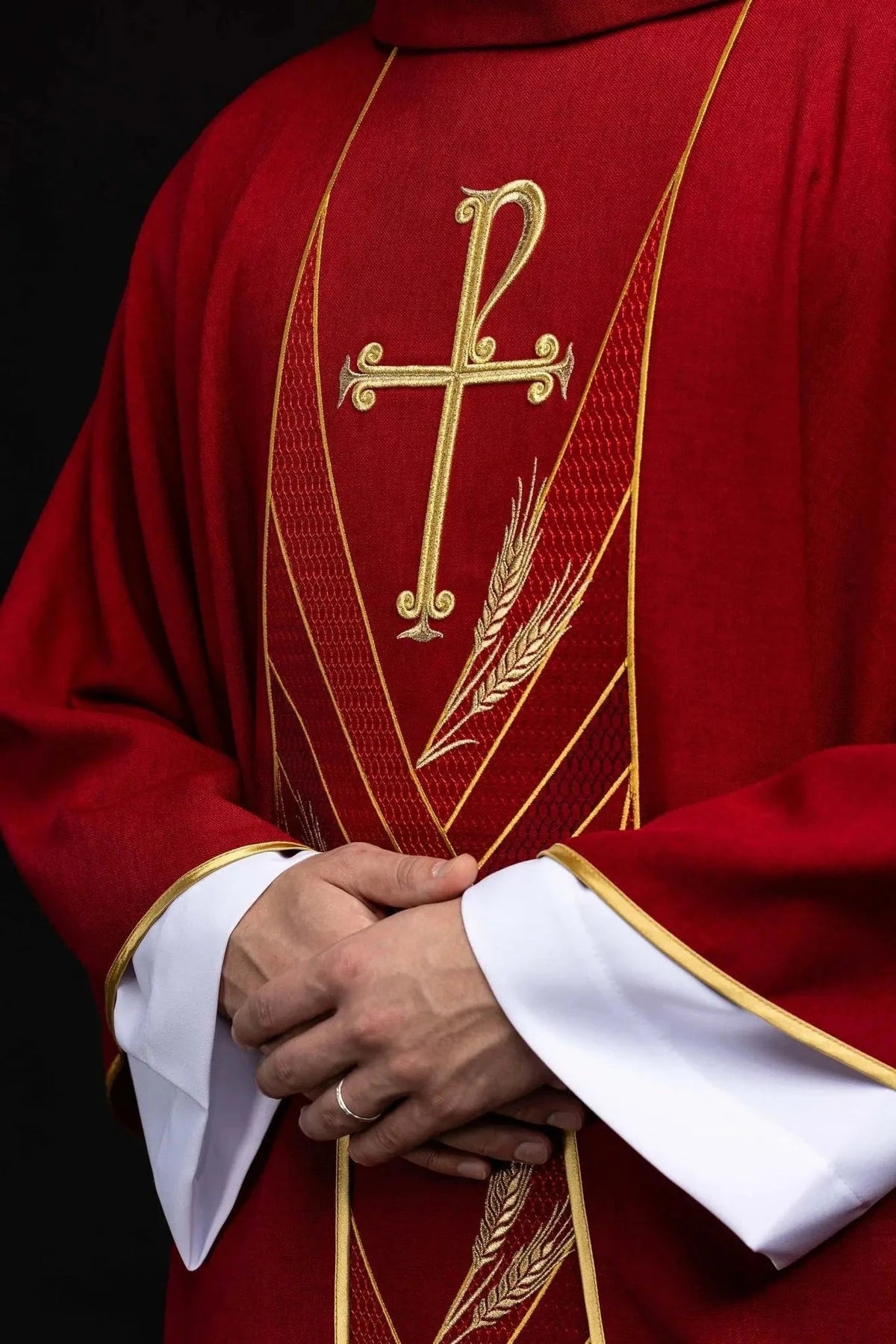 Red Chasuble with Embroidered PAX Band — collar finish