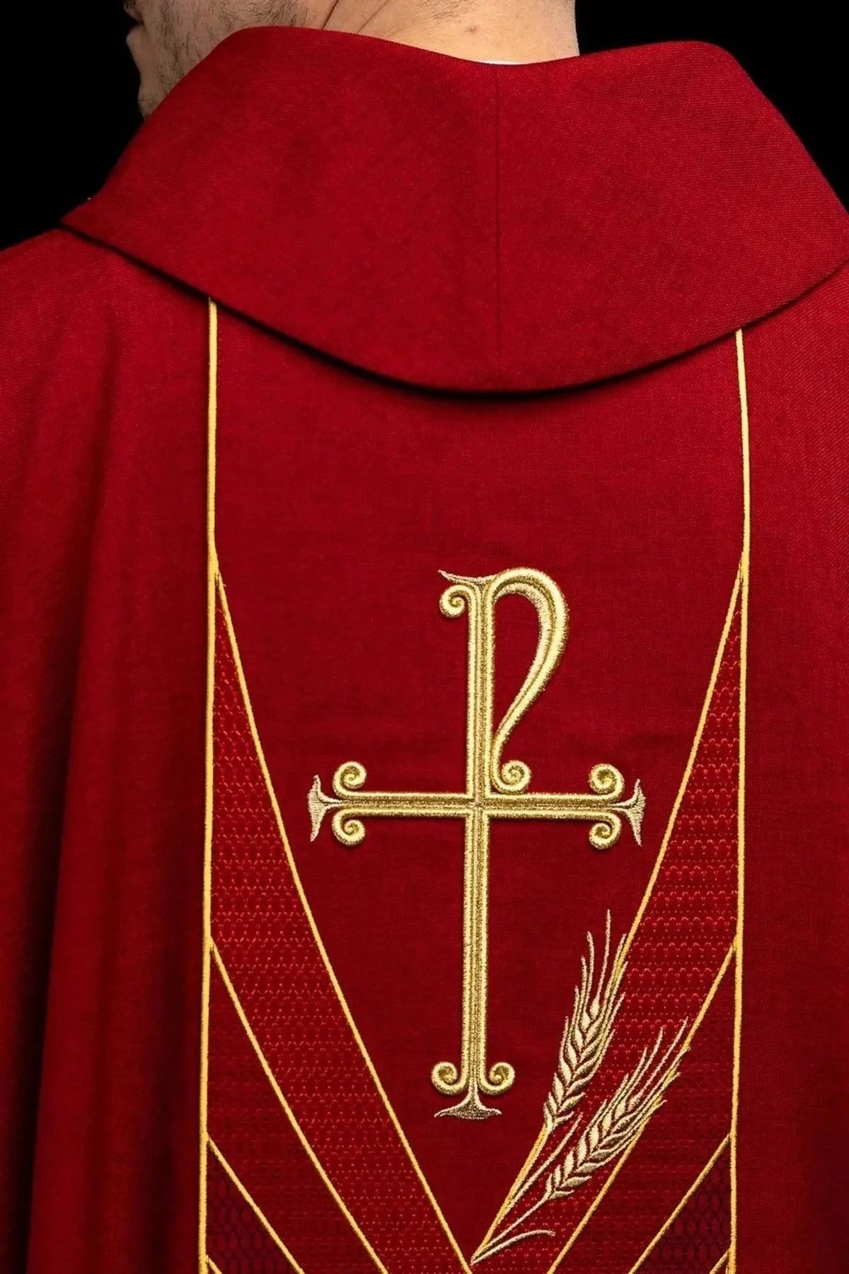 Red Chasuble with Embroidered PAX Band — front view