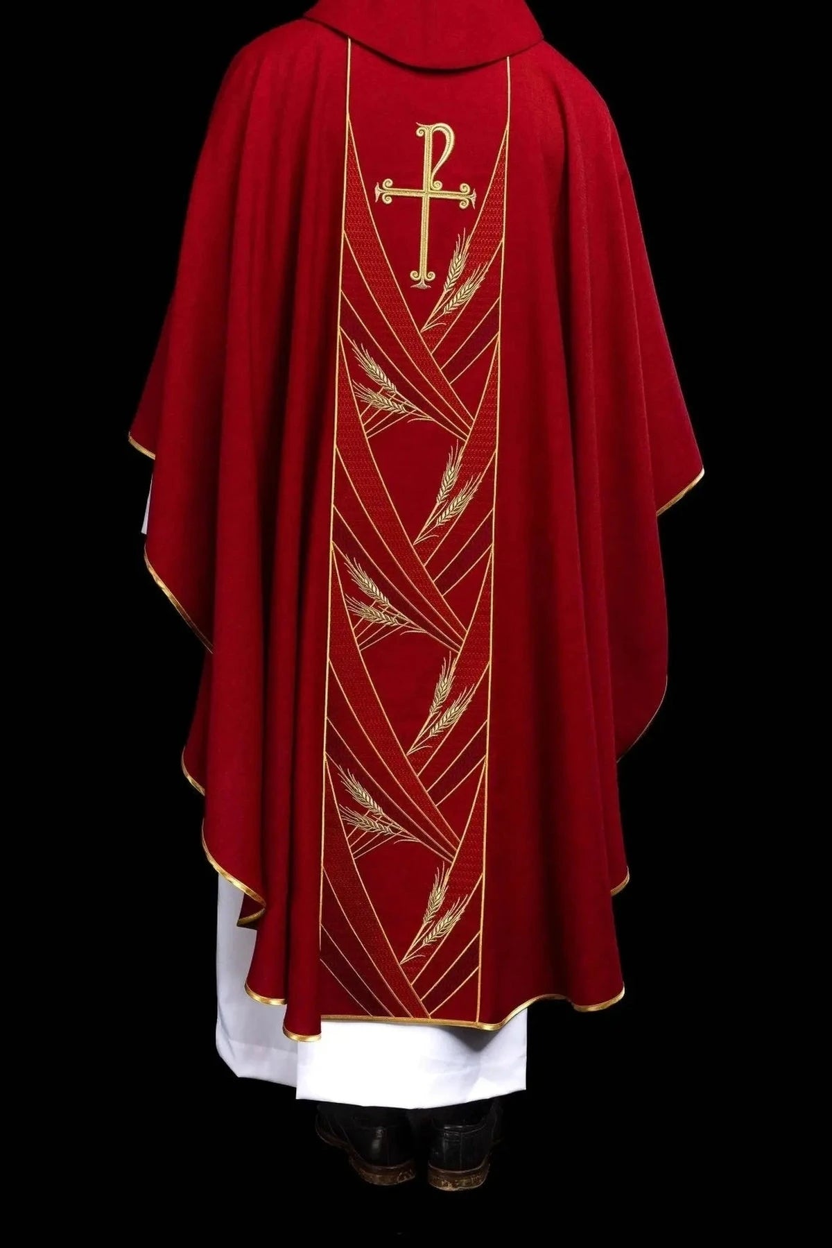 Red Chasuble with Embroidered PAX Band — fabric detail