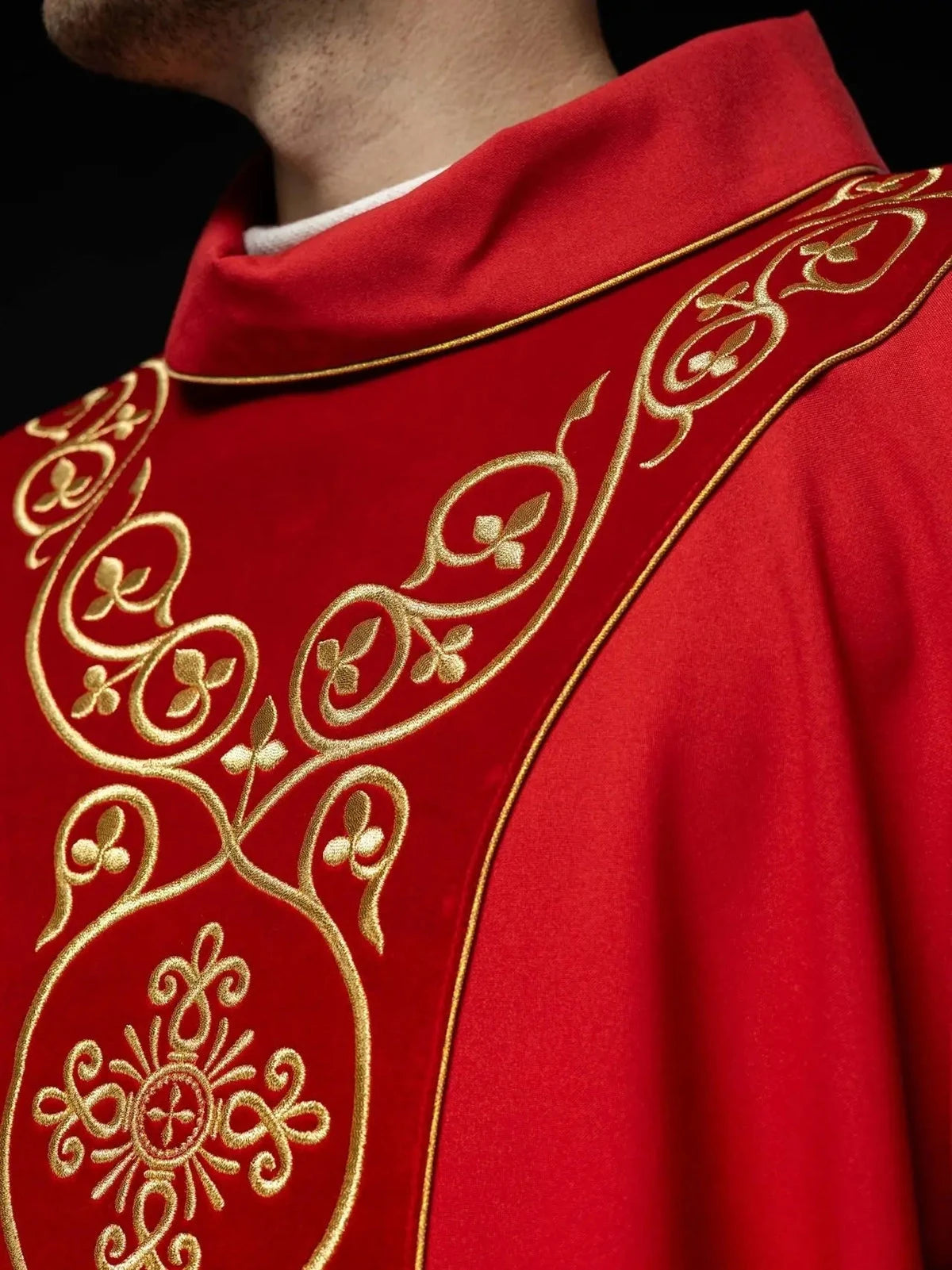 Red Chasuble with Embroidery on Velvet — embroidery close-up