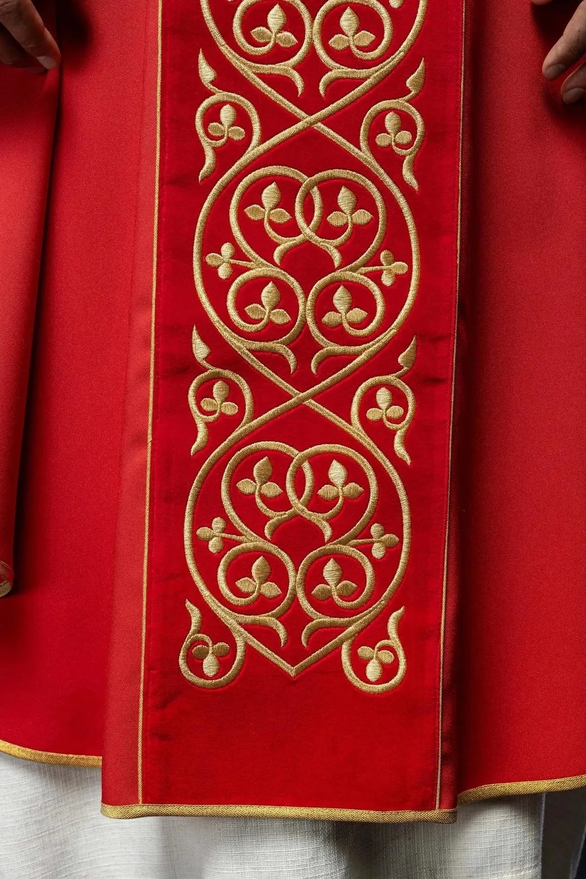 Red Chasuble with Embroidery on Velvet — collar finish