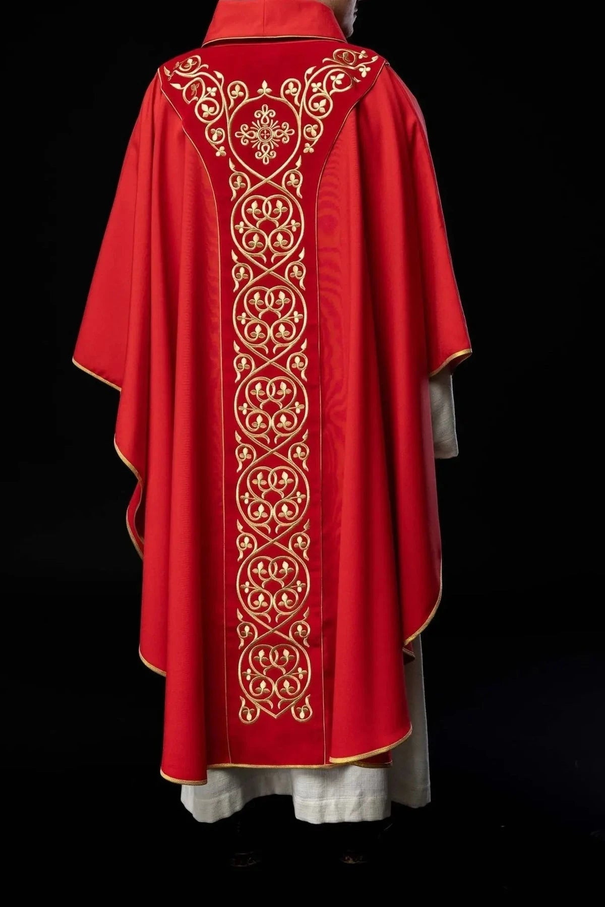 Red Chasuble with Embroidery on Velvet — fabric detail