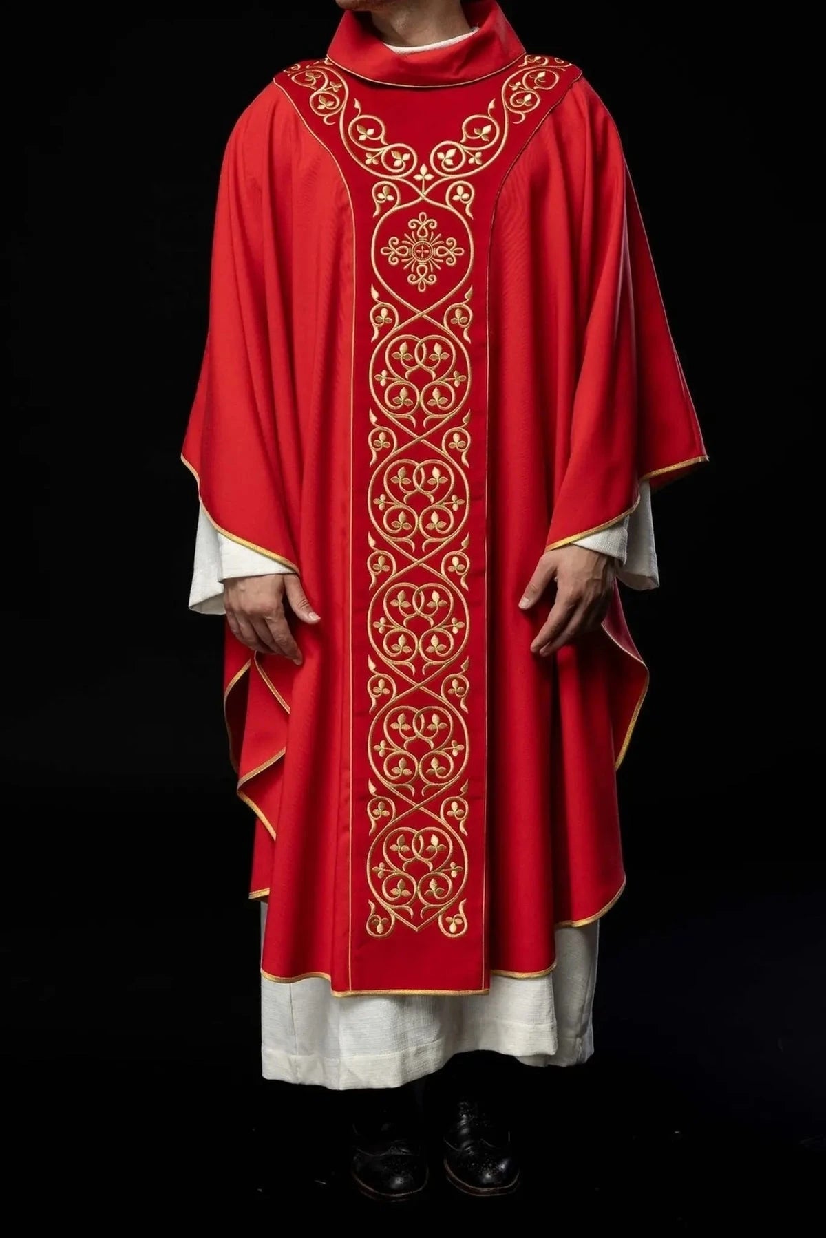 Red Chasuble with Embroidery on Velvet — fit on celebrant