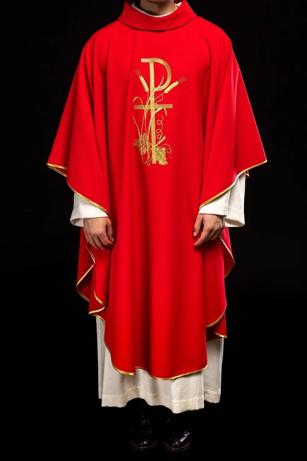 Red Chasuble with Gold-Colored Cross Embroidery — full view