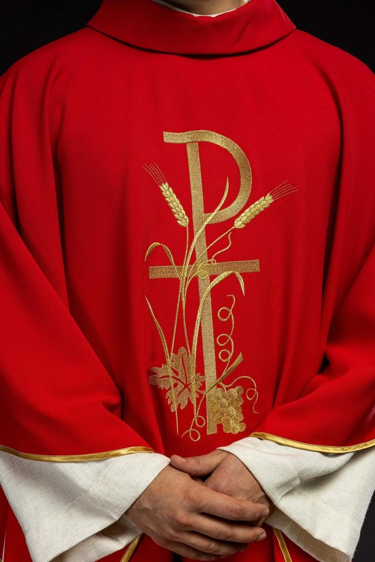 Red Chasuble with Gold-Colored Cross Embroidery — embroidery close-up