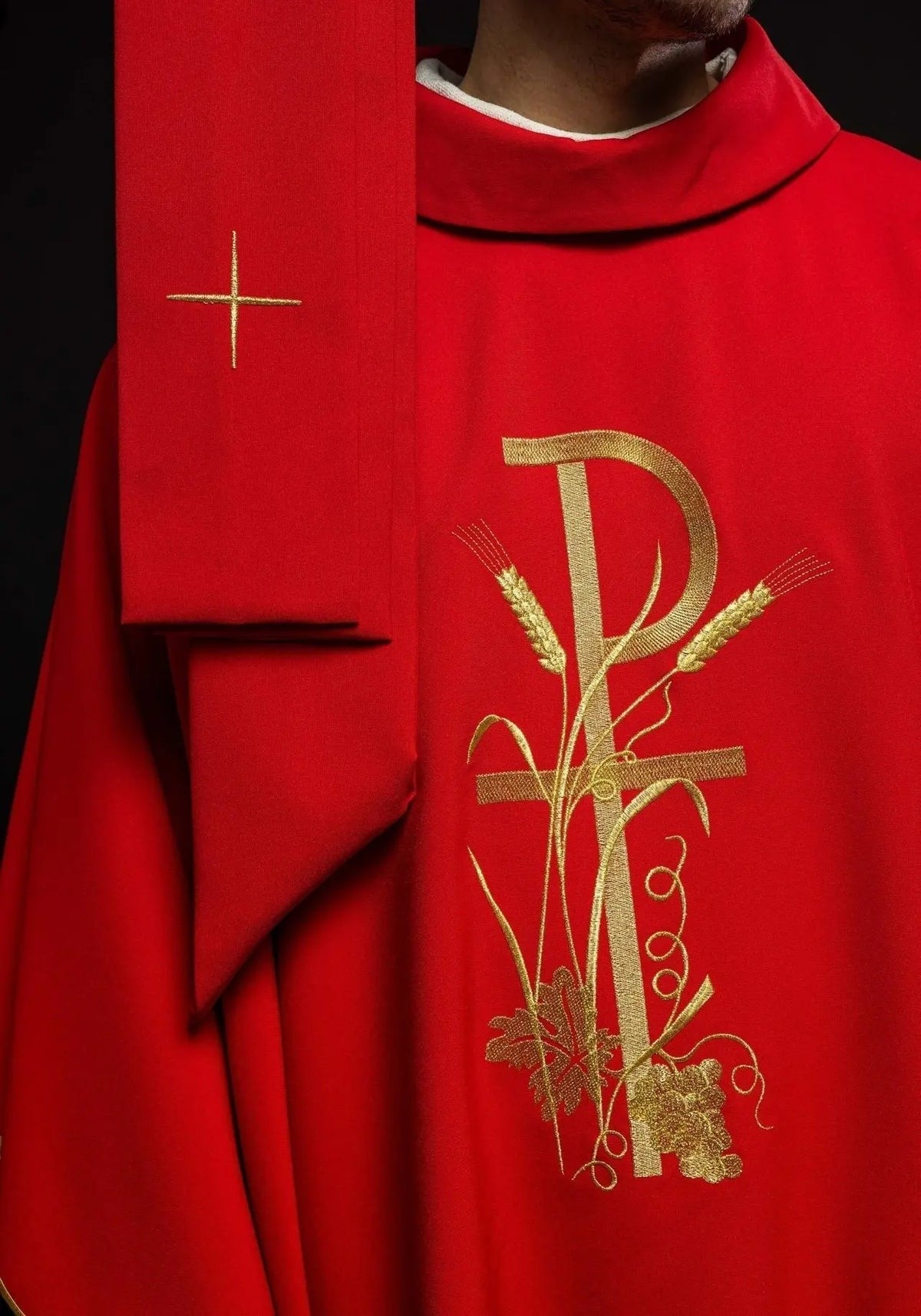 Red Chasuble with Gold-Colored Cross Embroidery — symbol detail