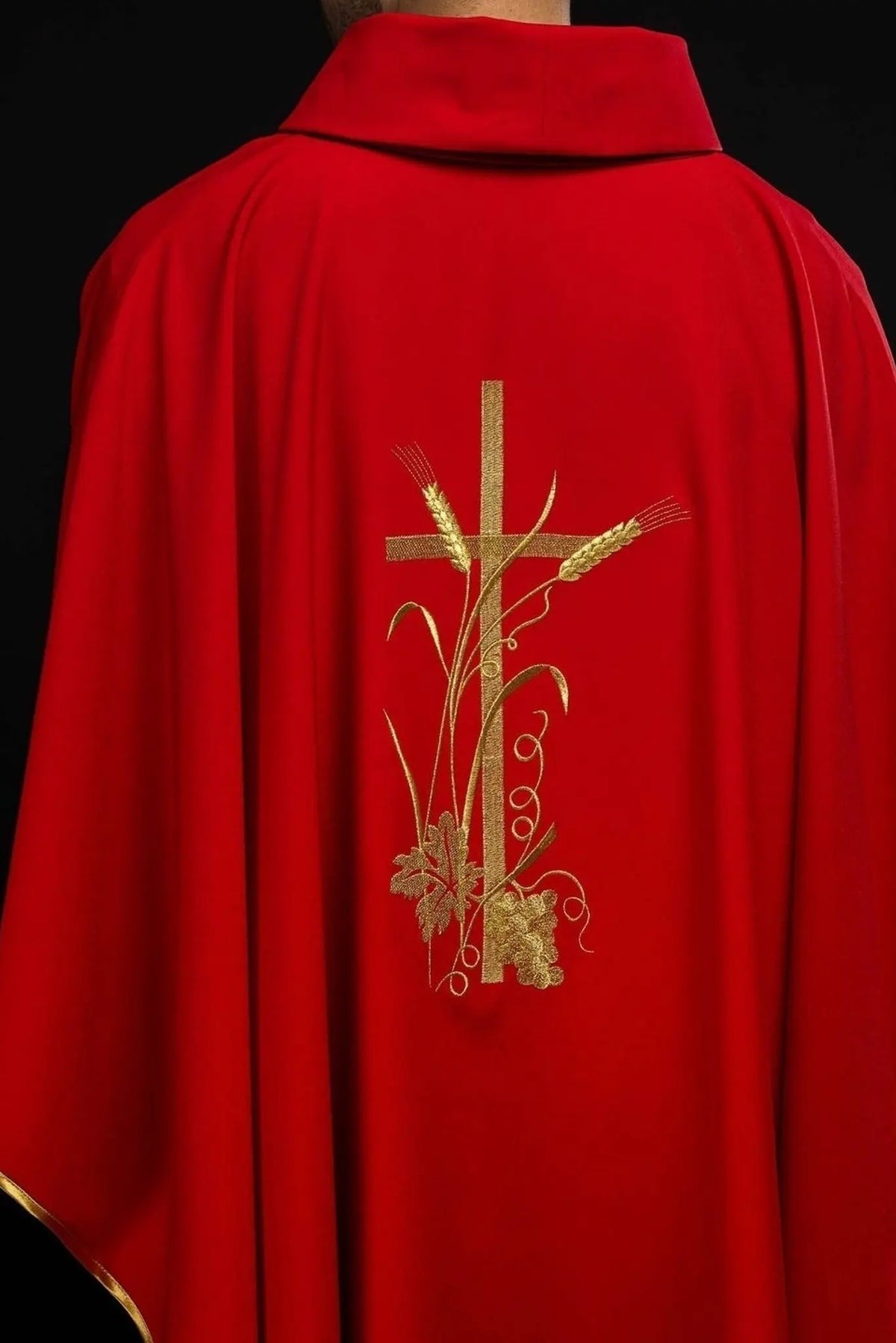Red Chasuble with Gold-Colored Cross Embroidery — front view