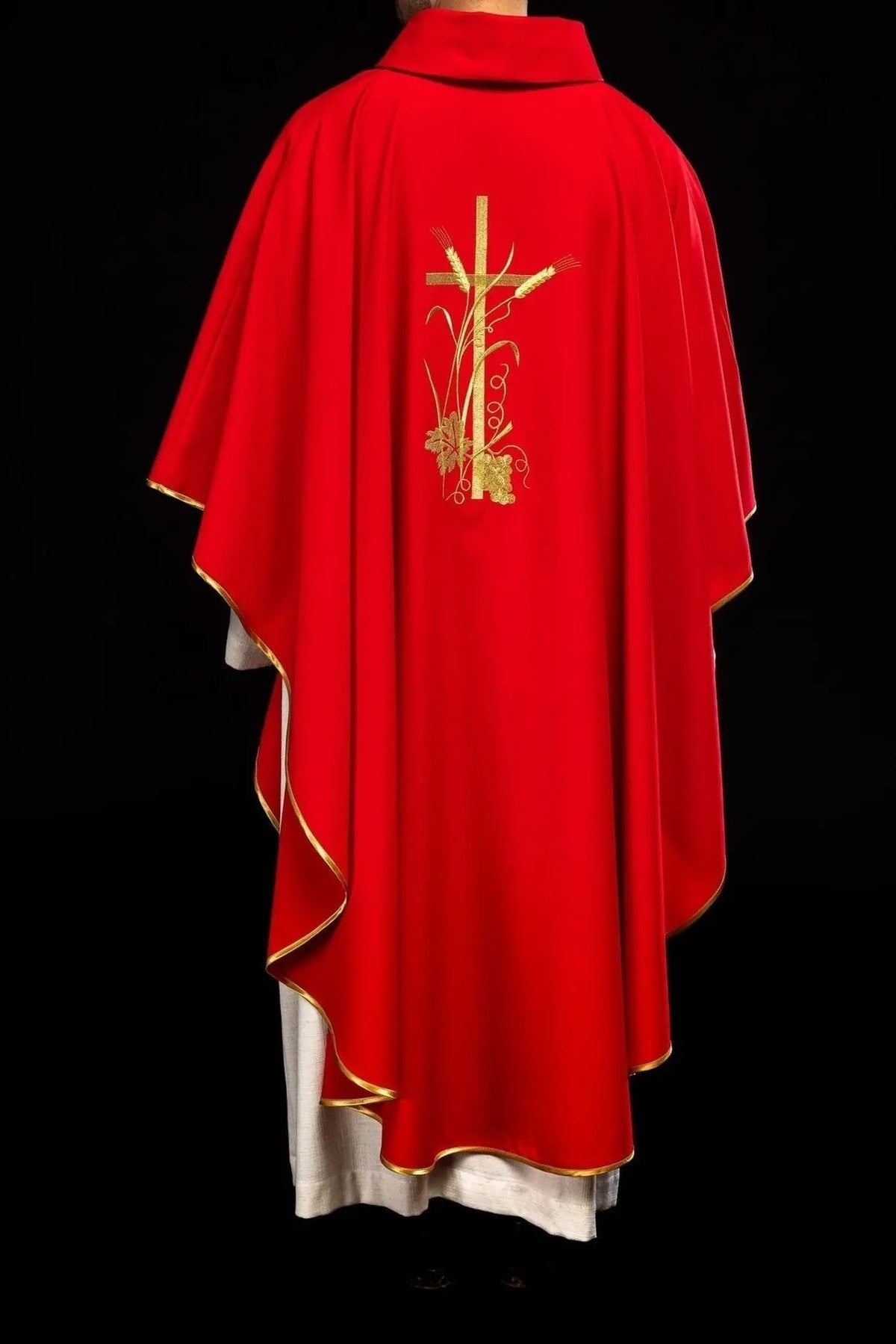 Red Chasuble with Gold-Colored Cross Embroidery — back view