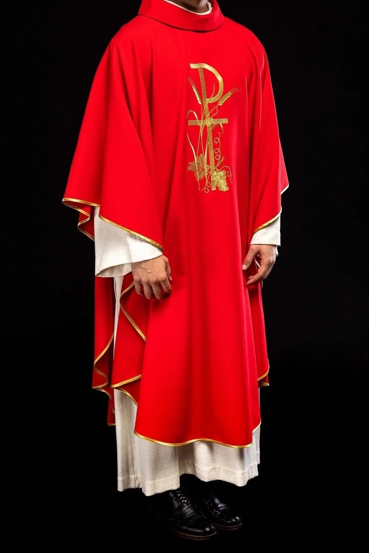 Red Chasuble with Gold-Colored Cross Embroidery — fabric detail