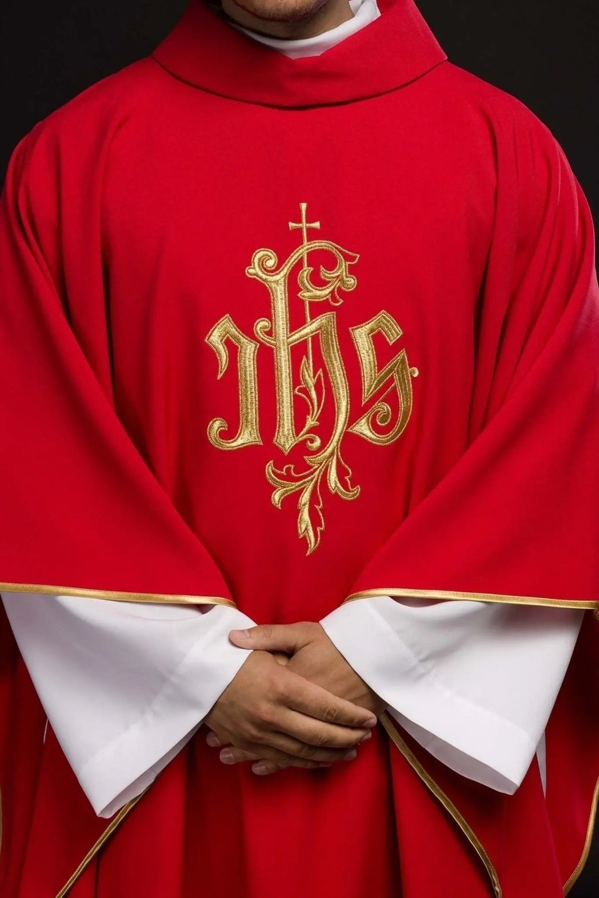 Red Chasuble with Gold-Colored IHS Embroidery — product view