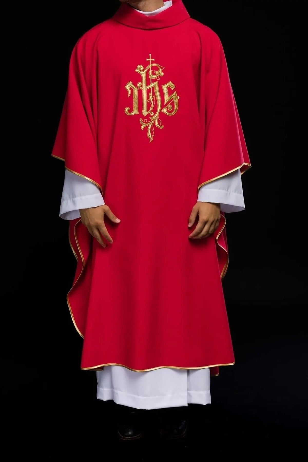 Red Chasuble with Gold-Colored IHS Embroidery — full view