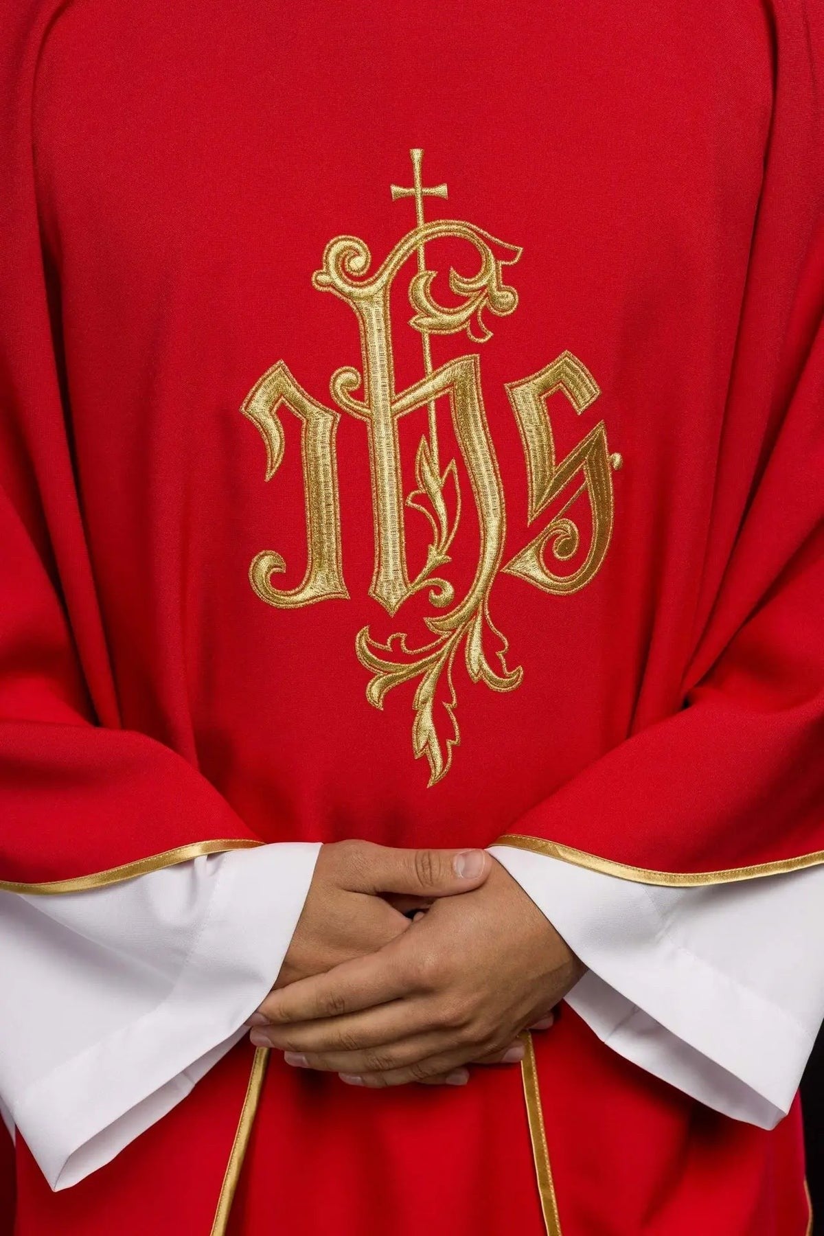 Red Chasuble with Gold-Colored IHS Embroidery — embroidery close-up