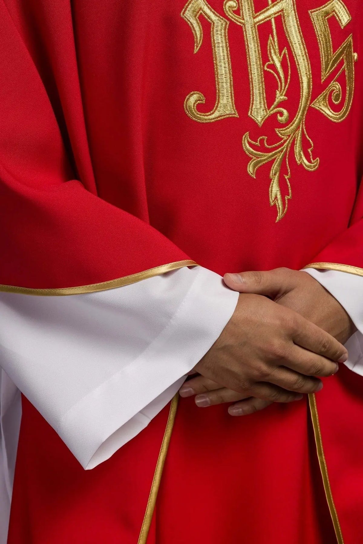 Red Chasuble with Gold-Colored IHS Embroidery — symbol detail