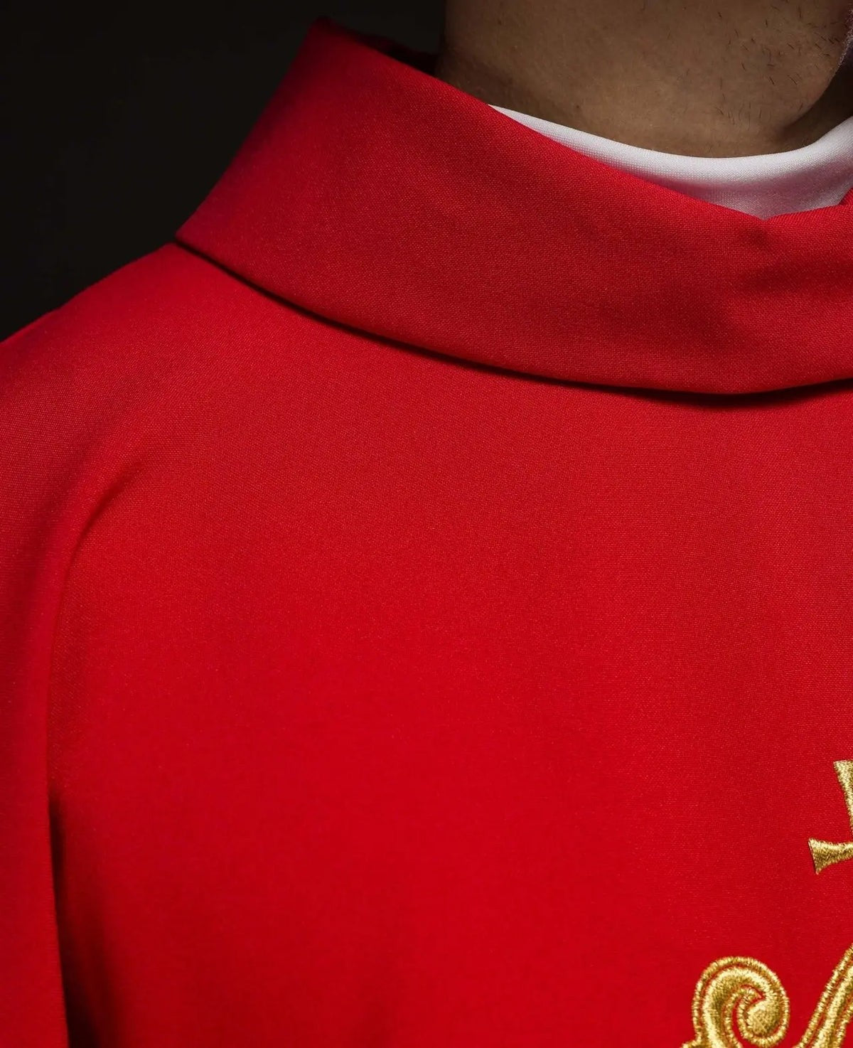 Red Chasuble with Gold-Colored IHS Embroidery — collar finish