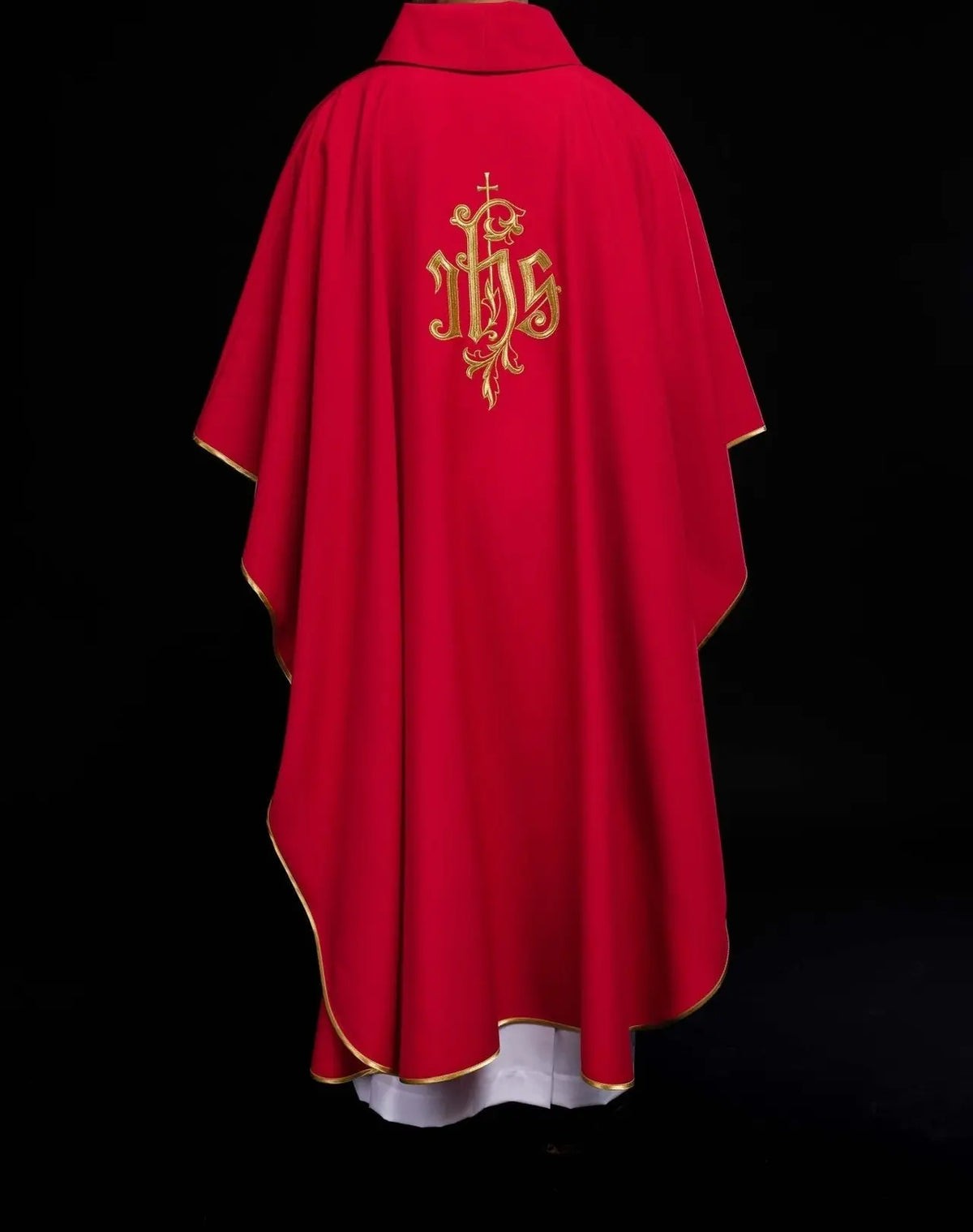 Red Chasuble with Gold-Colored IHS Embroidery — fabric detail