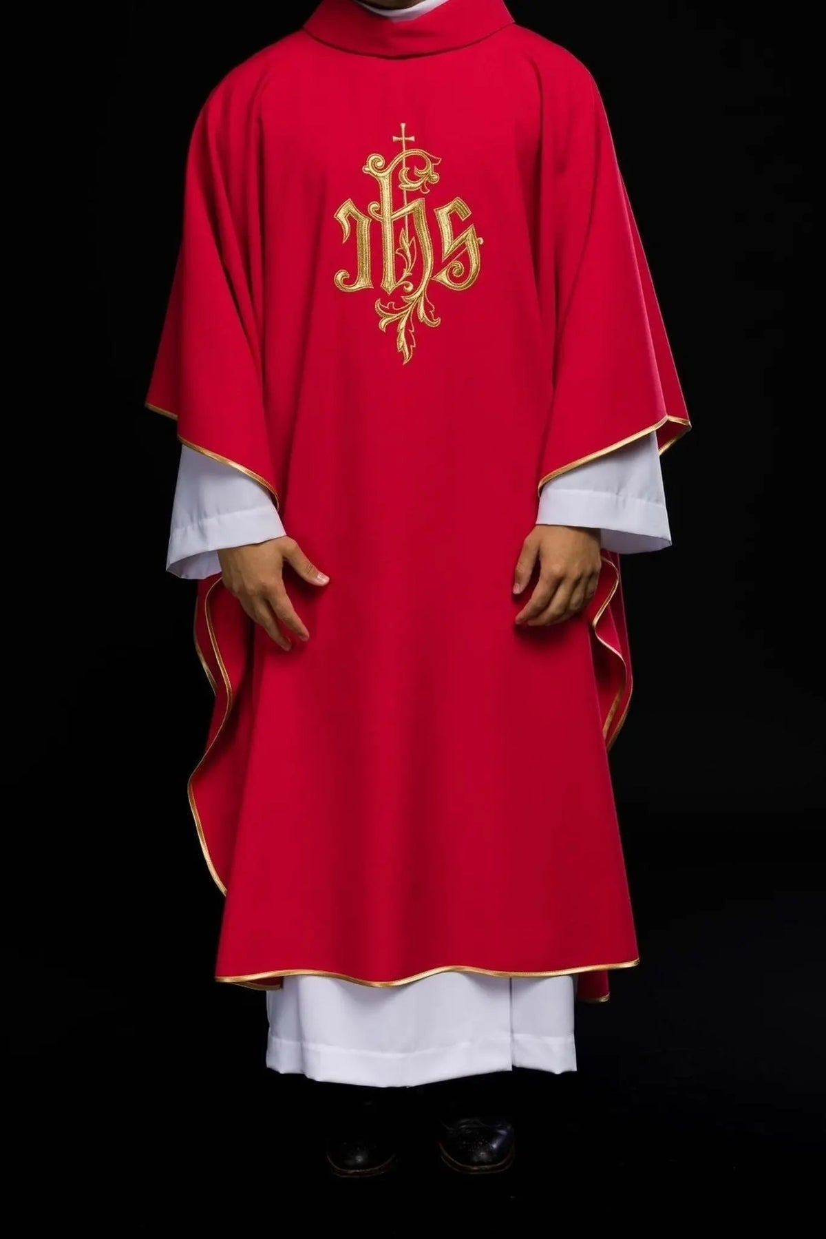 Red Chasuble with Gold-Colored IHS Embroidery — fit on celebrant