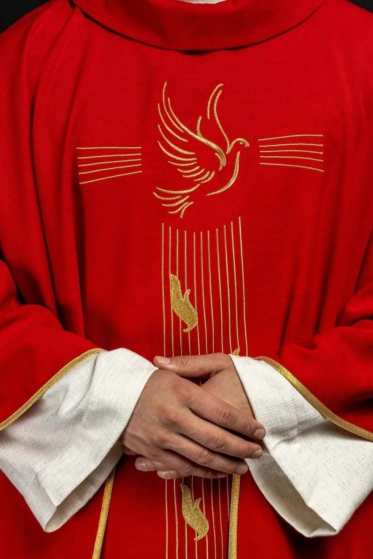 Red Chasuble with Gold-Colored Trim and Holy Spirit Embroidery — product view
