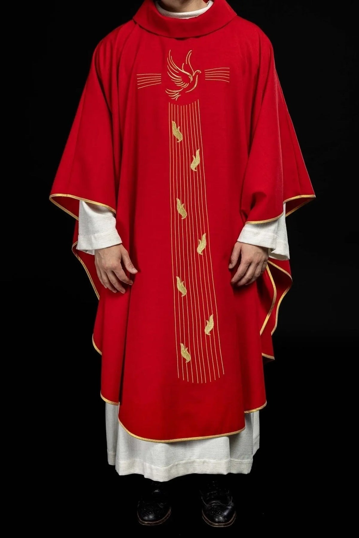 Red Chasuble with Gold-Colored Trim and Holy Spirit Embroidery — full view